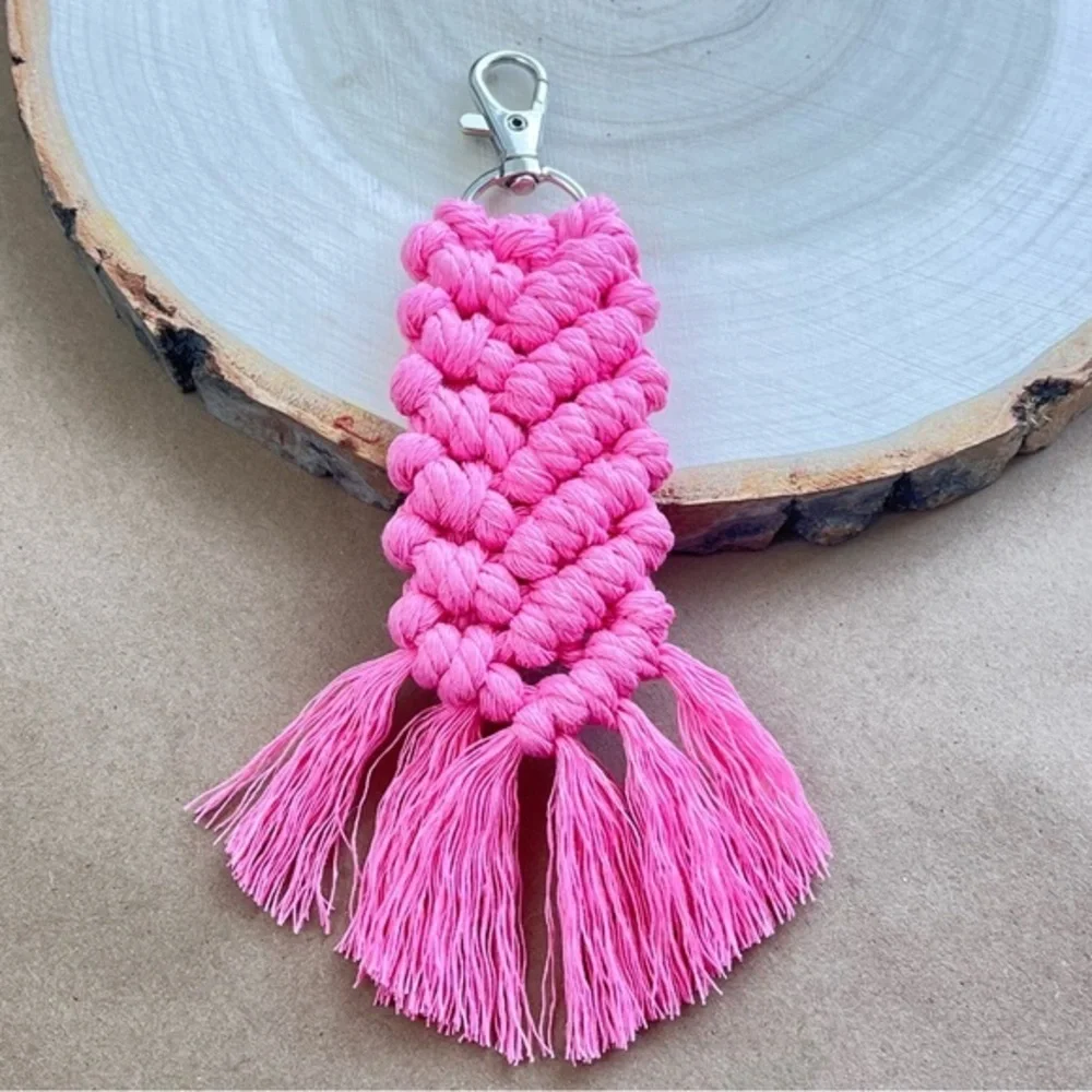 Braided Handcrafted Boho Macrame Hot Pink Keychain